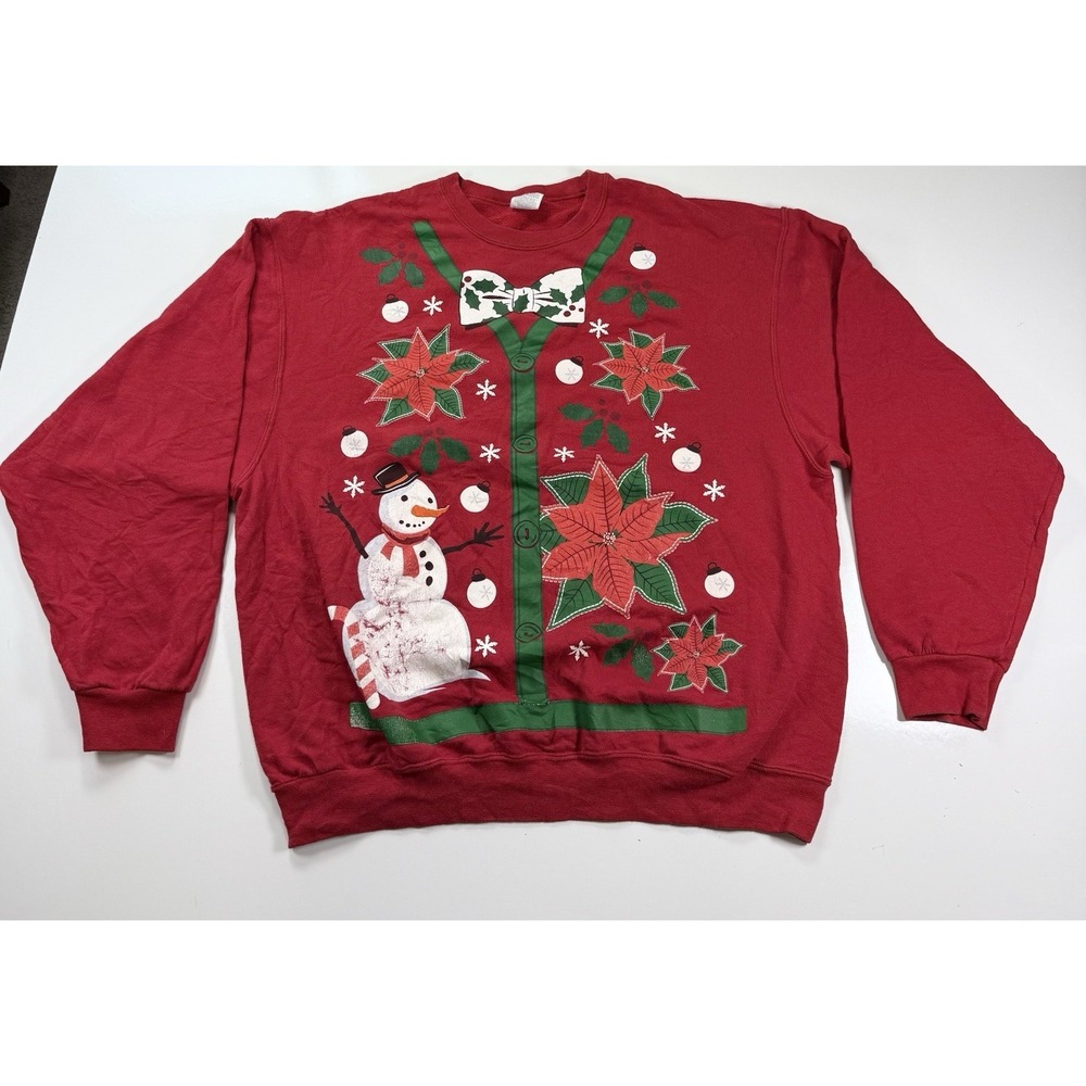 Vintage Jerzees Nublend XL Red Christmas Sweatshirt Snowman Poinsettia Holiday